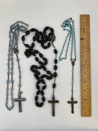3 Vintage Rosaries - Ebony Beads, Glass Beads, Encased Beads W Figure, 1 Missing Jesus, One Broken
