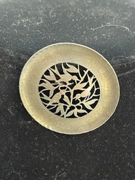 Vintage Sterling Silver Pierced Circle Pin, Birds And Leaves, Branches.  Tested Sterling, Tarnished, Nice!