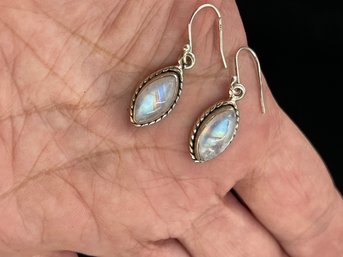 Vintage Sterling Silver Moonstone Earrings, Very Iridescent, Catches The Light Well.  Wire Pierced