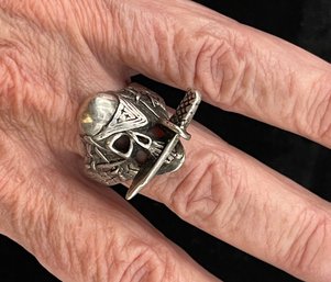 NICE Sterling Silver Skull Pirate Ring, Size 12, Awesome Design, Marked , Tested Sterling Silver