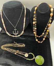 5 Vintage Necklaces, Liz Claiborne,  Rose Quartz, Paste Anchor, Cloisonne Beads, Green Enamel Circle Pendant