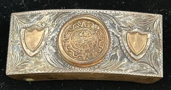 Old Sterling Silver Taxco Mexico Belt Buckle, Aztec Sun, 2 Cartouches For Monograms, Gold Wash, Etched