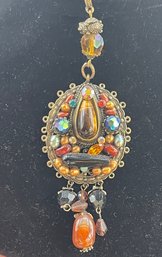 Vintage Pendant Necklace, Bejeweled Pendnt, Multi Colored Beads, Brass Filigree, Marked