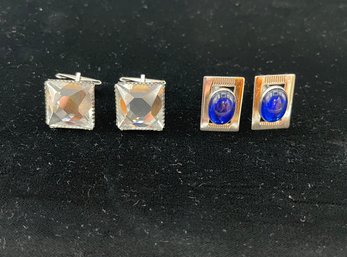 2 Vintage Sets Cuff Links, Unisex, Glass Crystal Pyramids, Blue Moonstone, Great Shape