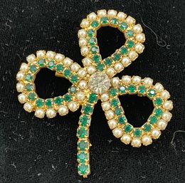 Vintage Rhinestone, Pearl Clover Pin, Gold Stone, Prong Set Green Rhinestones, 2 Inches Wide