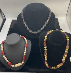 3 Vintagesa Necklaces -  Cinnabar Beads, Coal? Beads With Gold Tone Caps, Faceted Glass Beads