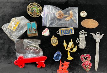Vintage Lot Of Odds And Ends, Red Bakelite Key, Charms, Gold Filled Rose Pin, Mobil Pin, Jets, Fraternal Pins
