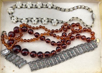 Repair Lot - 3 Antique Necklaces, Mother Of Pearl, Frosted Glass Rhinestones, Carnelian Graduated, Israel Link