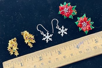 3 Pairs Of Christmas/holiday Earrings, Pointsettias, Holly Berries, Sterling Silver Snowflake Pierced Wires,