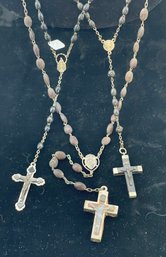 3 Old Rosaries, Ebony Beads, Crucifixes, One Is A Relic With Missing Back. As Found