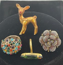 4 Rings - Plastic Baby Deer, Paste Rhinestones (1 Missing), Paste Flower, Green Glass Marquis Oldie