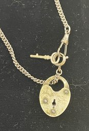 Vintage Silver Tone Heart Lock With Key On Watch Chain Fob, Works, Tarnished, As Found