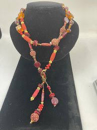 Long Statement Necklace, Great Beads, Amber Lucite? Cubes, Nuts, Lampwork Italy, Tassel, Great Colors, Great!