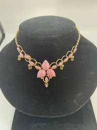 Vintage Pink Glass, Gold Tone Necklace, Scrolly, Pretty, Rhinestones, Excellent Condition, NOS