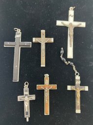 Lot Of Vintage Crosses, Relic Chamber In One Of Them With Note, Ebony, Wood, Early Plastic, Nice Variety