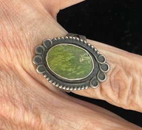 Old Sterling Silver Native American? Green Turquoise Ring, Size 8.5, Etched Pattern On Band