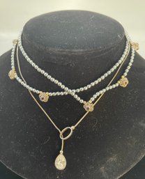3 Necklaces, 2 Have Sterling Silver Flower Beads, 1 Is A Glass Teardrop With Modernist Chain, Marked Agatha