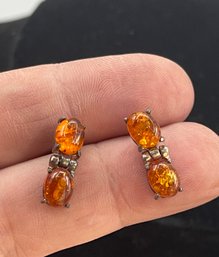 Vintage Sterling Silver Amber Hinged Drop Earrings, Pierced, Small And Pretty, Tarnished