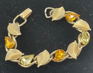 Vintge Coro Pegasus Gold Tone Link Bracelet With Leaves, Prong Set Glass Rhinestone Bracelet