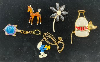 Lot Of Vintage Enamel Pins, Pendant, Horse, Turtle, Flower, Milk Can With Cat, Smurf Necklace