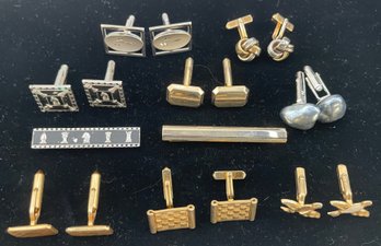 Cuff Links, 2 Sets Of Cuff Links With Tie Clasps, Silver Tone And Gold Tone, Nice Variety, As Found