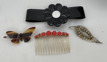 4 Old Vintage Hair Clips, Combs, Butterfly Clip, Red Glass, Rhinestone Comb, Groovy Bow Clip, Silver Leaf