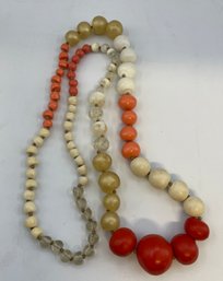 Vintage Chunky Statement Beaded Necklace, Graduated, 30' Long, Orange, Coral, Frosted Lucite, Beads