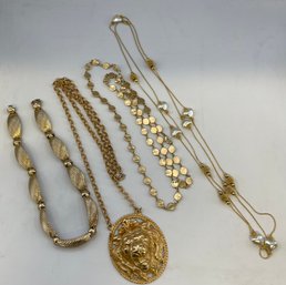 Vintage Lot Necklaces, Pendants, Large Lion, Napier, Gold Tone Link, Long Disk Bead Necklace, All Nice!