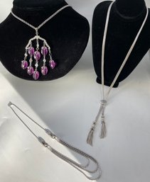 Vintage Necklace Lot, Sarah Coventry Pendant Necklace, Monet Silver Tone Multi-strand, Purple Teardrop Pendant