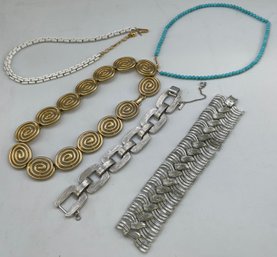 Lot Of Vintage 3 Necklaces, 2 Link Bracelets, Swirl Links, Turquoise Glass Beads, Lisner, Crown Trifari, Monet