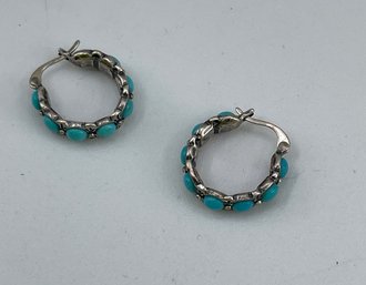 Sterling Silver Thailand Hoop Earrings With Turquoise Colored Cabochons, Great Condition, Marked