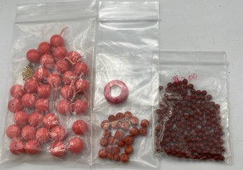 Vintage Coral, Salmon Color Glass Beads, Stone Ring, Carnelian? Small Beads. Snowhill Auctions, Closes 2/8