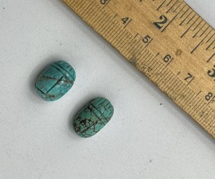 Vintage Pair Of Turquoise Carved Scarab Beads,  Snowhill Auctions, Closes 2/8 At 8:15pm ET