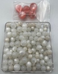 Vintage Early Plastic Moonglow Beads, White And Pink, Pink Have Hang Loops, Round, Glowy, Nice