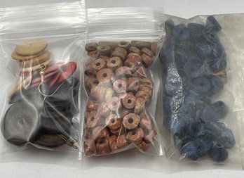 Vintage Odd Lot, Blue Wood Cone Beads, Stone Cylinder Beads, Wood Disc Beads,  Snowhill Auctions, Closes 2/8