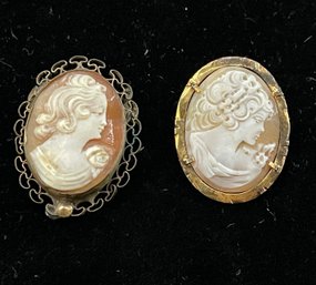 2 Antique Shell Cameos, One Marked 800, One Marked 12K (untested, ?), Italy, Pendant/Pin, Gold One Missing Pin
