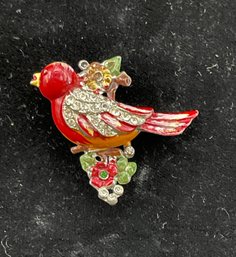 Half Of A Duette Pin -  Red Bird With Fur Clip Back, Cold Painted, Paste Rhinestones, Unmarked, Silver Tone