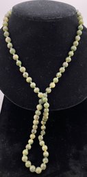 Jade Bead Necklace On Knotted Cord, Green Variegated Color, Barrel Clasp, 30 Inches, 8mm Beads