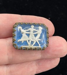 Antique Brass Glass Etch Pin, The 3 Graces, Reverse Cut Glass, Guilloche Blue?, Free Ship, 120 Lots, Snowhill