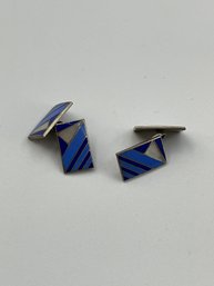 Vintage, Mid Century Modern Sterling Silver, Enamel Geometric Design Cuff Links, Blue, Nice-looking!