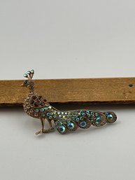 Vintage Gold Tone Peacock Pin, Blues, Greens, Paste Glass AB Stones, No Mark, Great Condition, Free Shipping