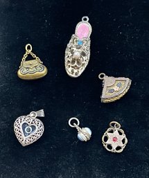 Antique To Old Lot Of Charms, 6 In All, Gold Filled, Sterling Heart, Tiny Purse, Fan With Stones, Free Ship.