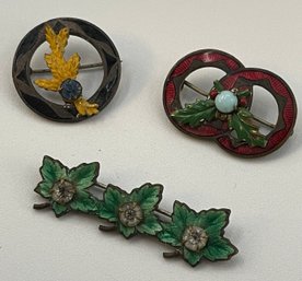 3 Antique Brass Enamel Small Pins, Art Nouveau, Little Stones, Very Pretty, Free Shipping, 120 Lots, Snowhill