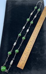 Antique Green Slag Glass Beads And Silver Tone Metal Link Necklace, Italy?, Nice Rustic Design, Some Rust