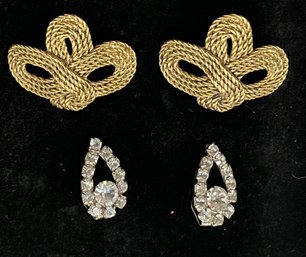 2 Sets Of Shoe Clips - Gold Tone Knots, Silver Tone Prong Set Glass Rhinestones, Great Condition, Free Ship