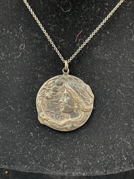 Antique Art Nouveau 'Terre' Round Pendant On Chain- Sterling Silver, Woman's Profile, Apples, Free Ship