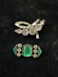 2 Pins - 1 Antique Green Glass, Brass Setting, 1 Newer Silver Tone Rhinestone Pin, C-clasp, 120 Lots, Snowhill