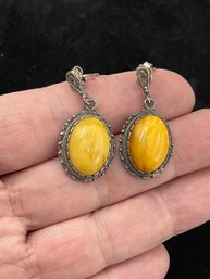 Vintage Sterling Silver Egg Yolk Amber Oval Cabochon Earrings, Clip-ons, In Original Box, Free Ship, Snowhill