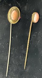 2 Antique Gold Filled Pink Coral Stick Pins - Some Wear, Very Pretty! Free Ship, 120 Lots, Snowhill Auctions