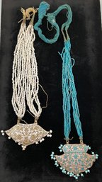 2 OLD Indonesian Enamel, Seed Bead Necklaces, Strands Need Repair, Cloisonne Pendants Good Condition Free Ship